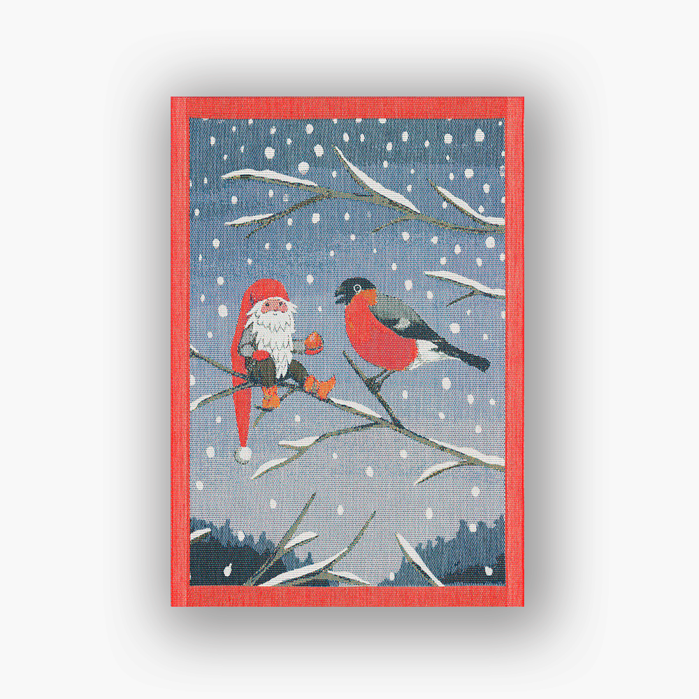 Tea Towel Julhälsning by Ekelund, 35x50 cm. 100% organic cotton Scandinavian kitchen towel, designed by Maria Olsson, sustainably made in Sweden, GOTS certified and approved by the Swedish royal court. Features festive Nordic Christmas motifs.
