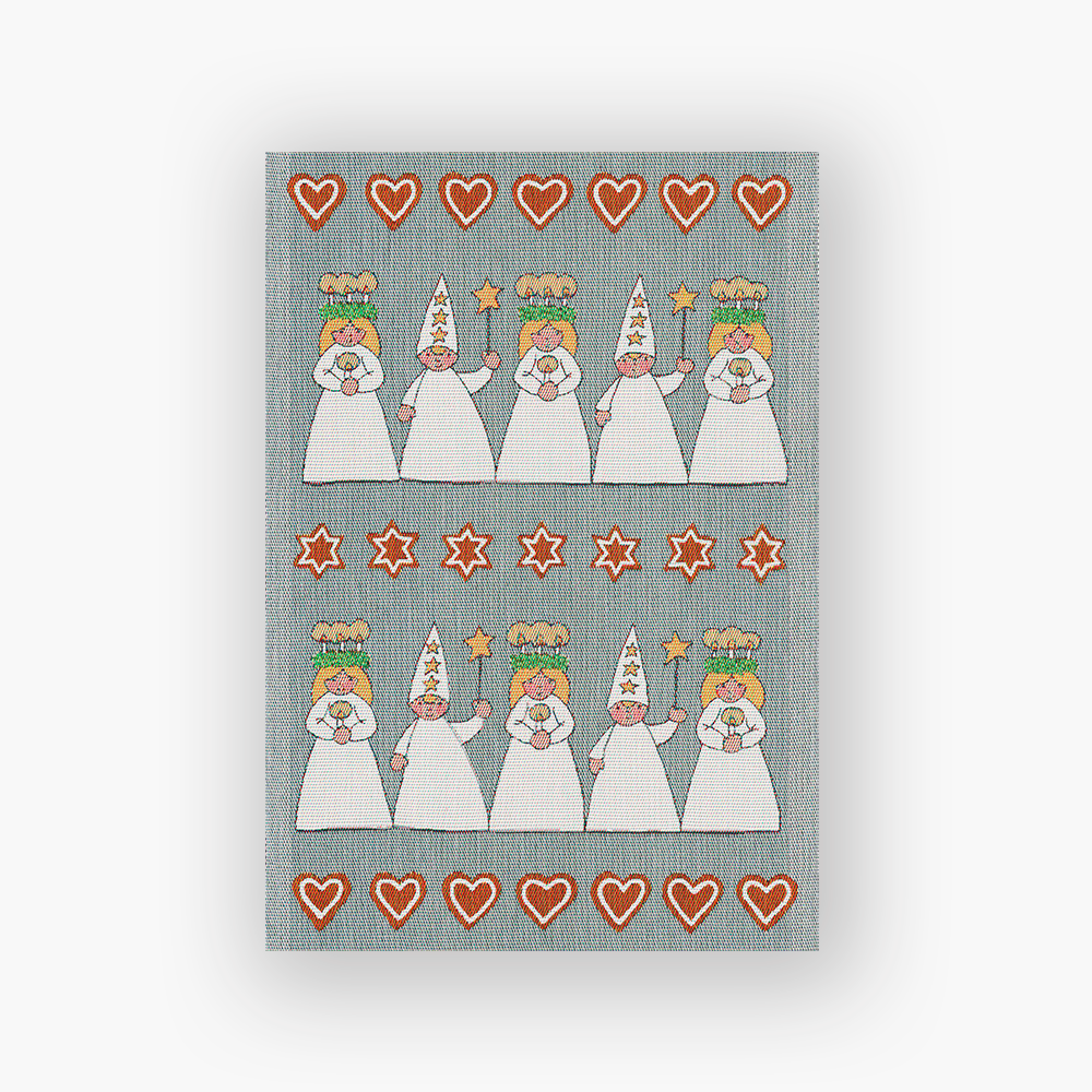 Tea Towel Luciamorgon by Ekelund, 35x50 cm. 100% organic cotton kitchen towel, designed by Betty Svensson, sustainably made in Sweden, GOTS certified and approved by the Swedish royal court. Features festive Scandinavian motifs inspired by Lucia traditions.