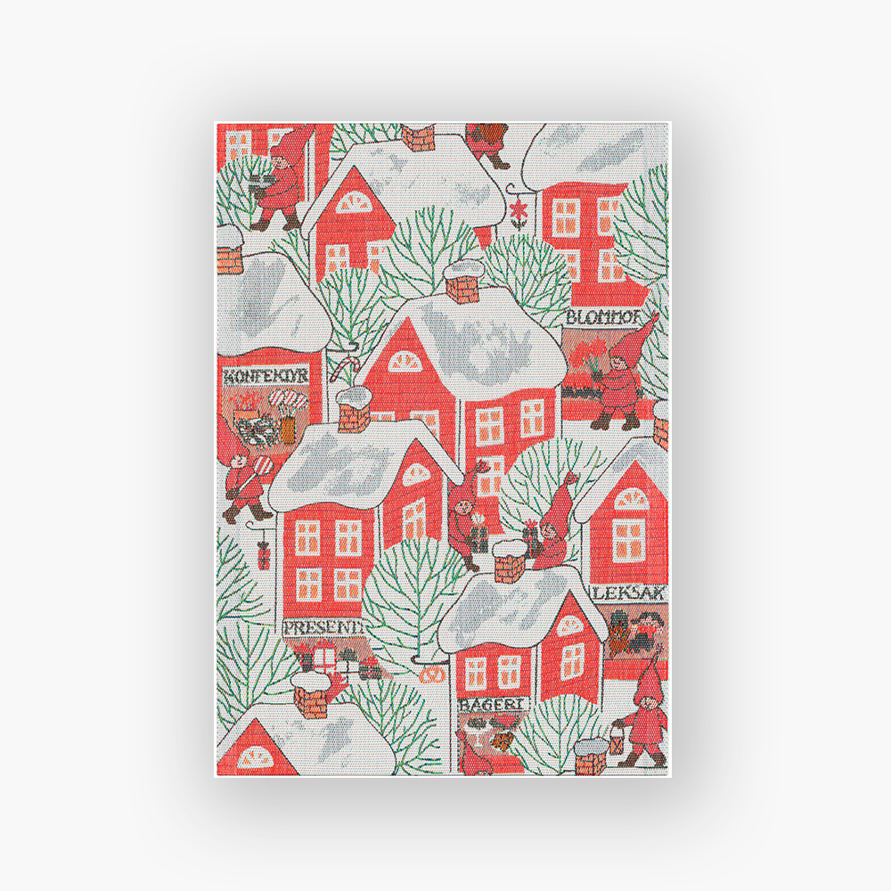 Tea Towel Tomtebyn by Ekelund, 35x50 cm. 100% organic cotton kitchen towel, sustainably made in Sweden, designed by Betty Svensson. Features a festive Tomtebyn pattern with Scandinavian Christmas motifs. GOTS certified and approved by the Swedish royal court.