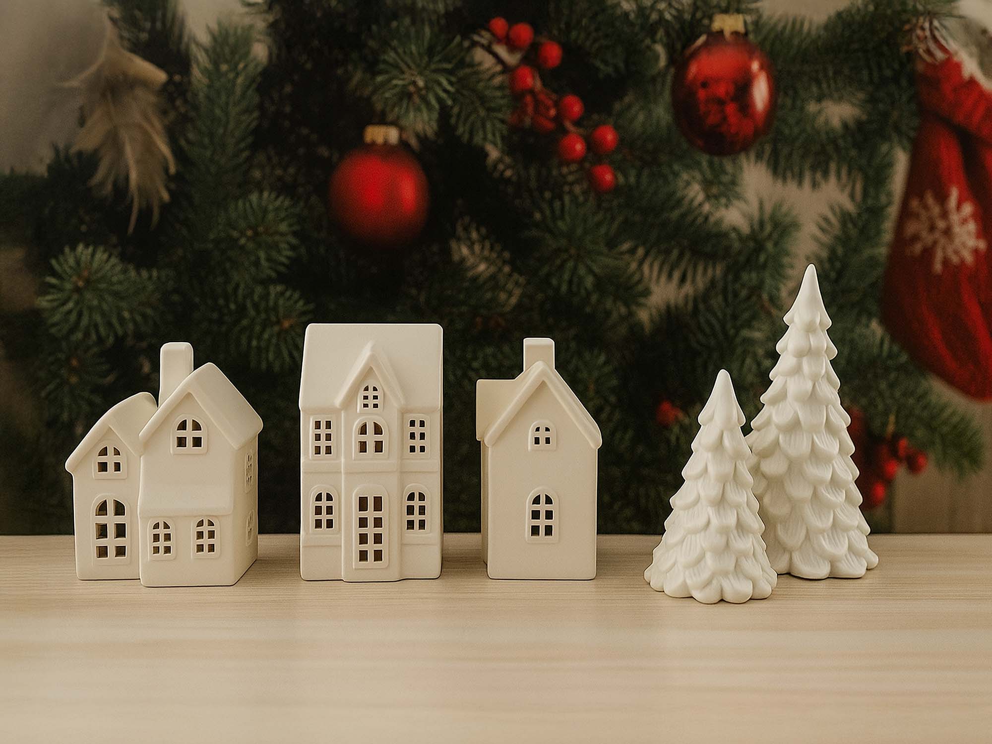 Keramik_dekoration-julhus_byn_nr_2-3-6-_vit-och gran i 2 storlek, keramik