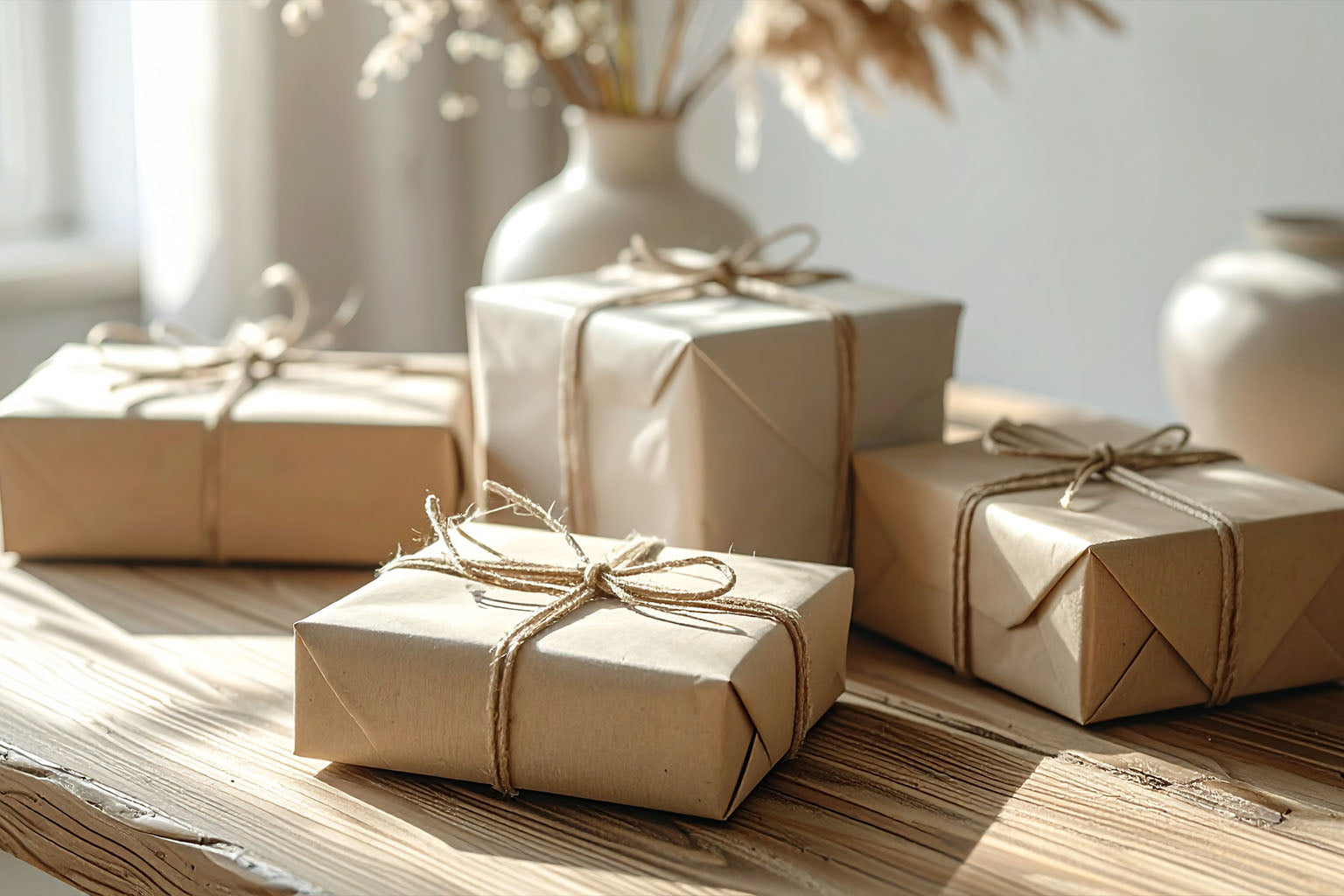 Paketet presenteras med ett omslag i kraftpapper bakom en vas med blommor