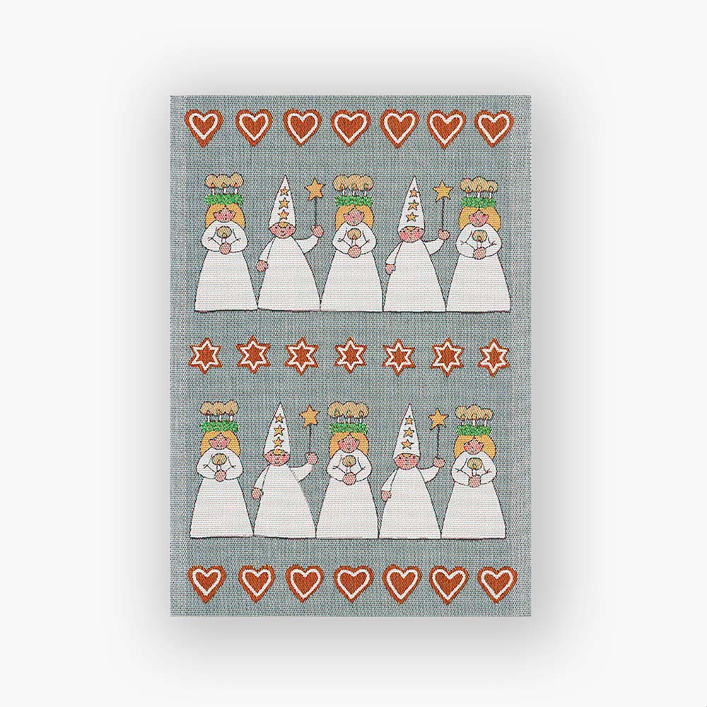 Tea Towel Luciamorgon by Ekelund, 35x50 cm. 100% organic cotton kitchen towel, designed by Betty Svensson, sustainably made in Sweden, GOTS certified and approved by the Swedish royal court. Features festive Scandinavian motivs inspired by Lucia traditions.