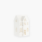 Byn nr 3 ceramic house by Storefactory, handmade matte ceramic decoration in white, 10x9x15 cm. Part of the Byn series to create Scandinavian ceramic villages with battery-operated lights, ideal for Christmas or Nordic interior styling.